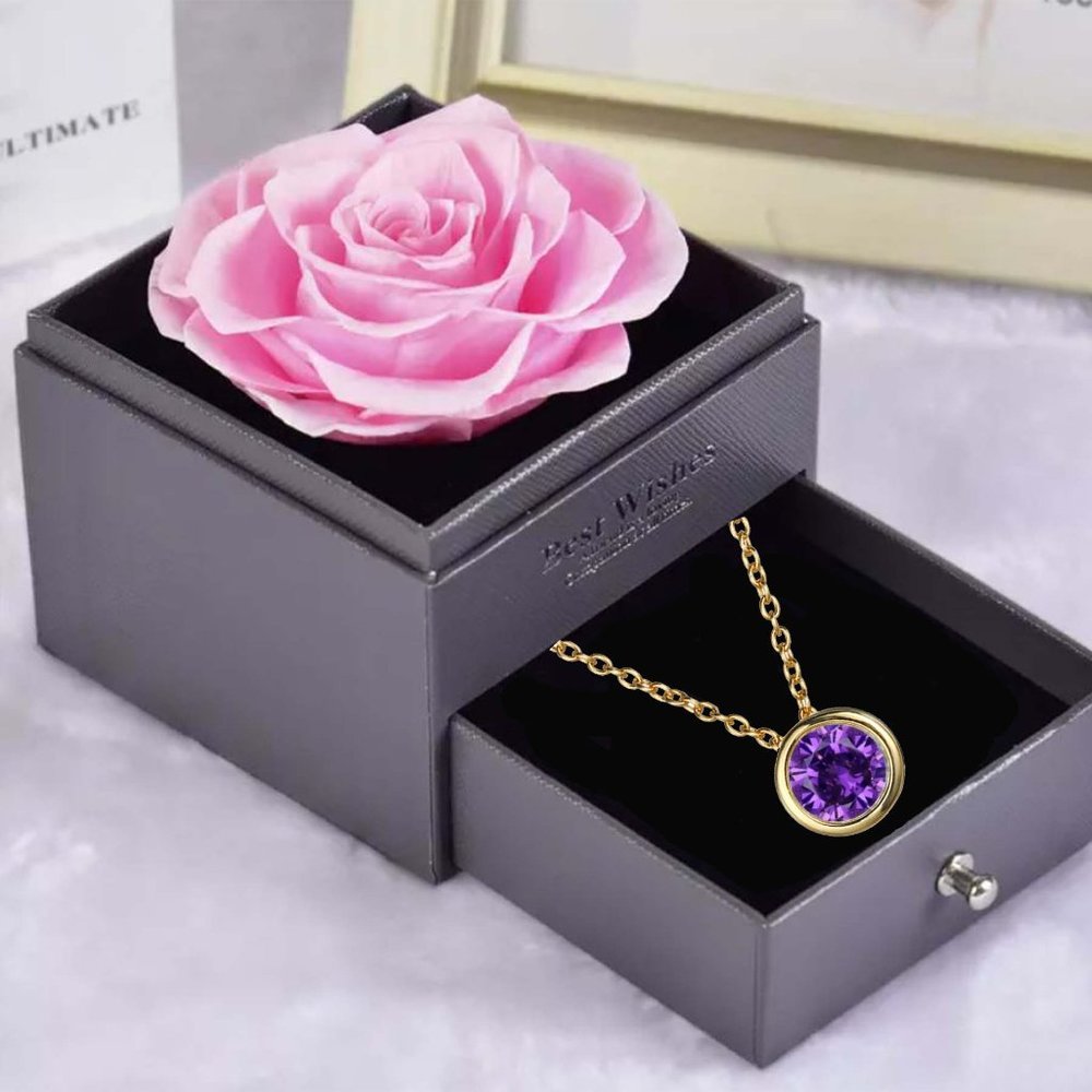 Preserved Rose In a Acrylic Box with Real Gold Plated June Birthstone Necklace
